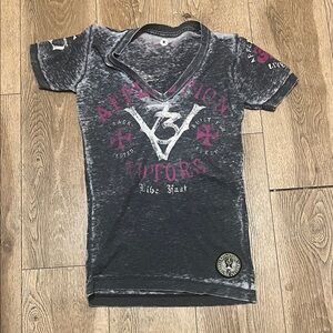Affliction Black Gray Burnout V-Neck Tee with Pink Logo